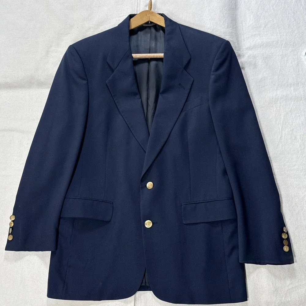 Vtg USA Made Christian Dior 42 Navy Blue Gold Button Blazer Jacket Sport Coat